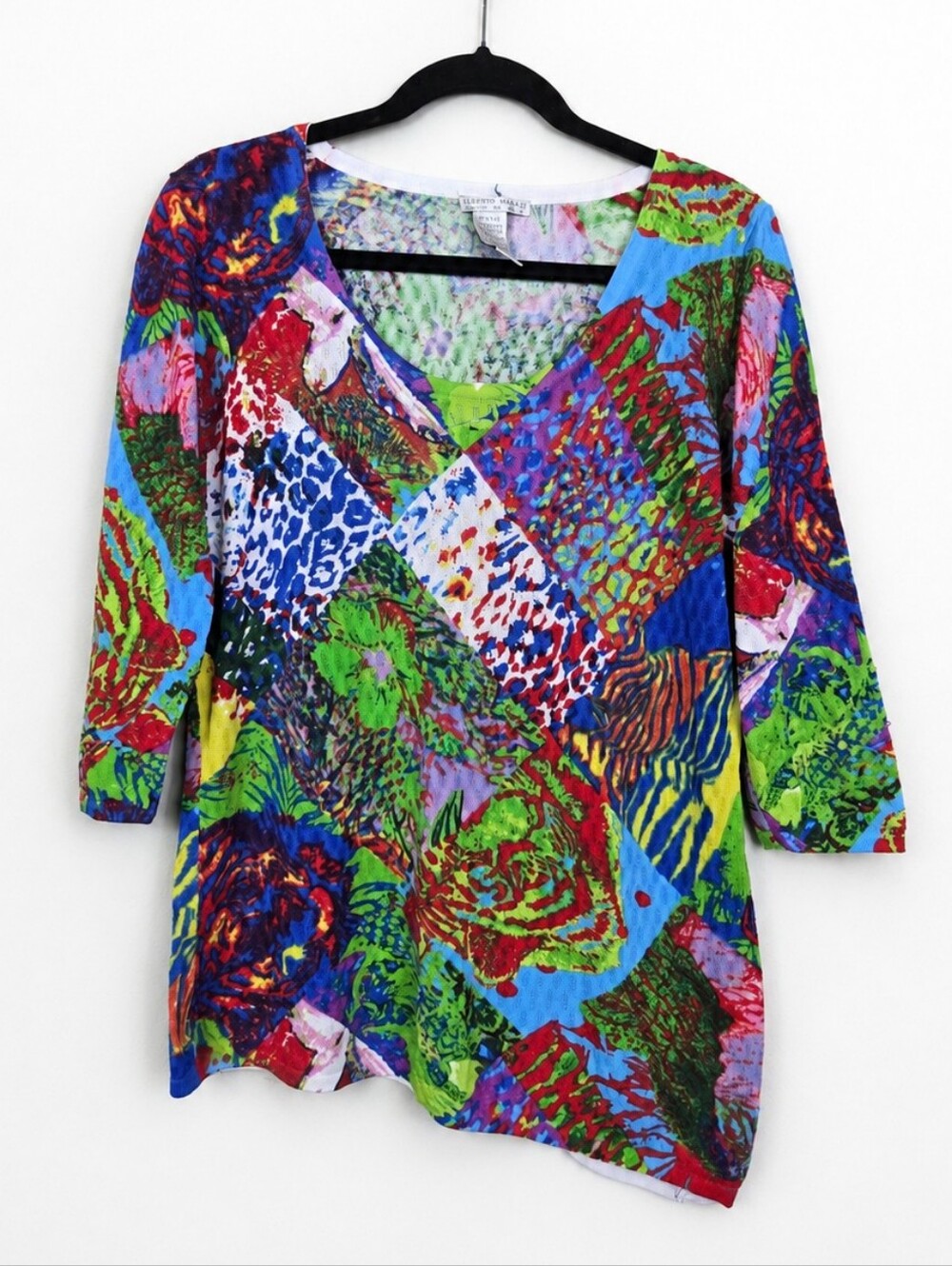 Alberto Makali Colorful Patchwork Animal Print Knit Top XL Artsy 3/4 Sleeve